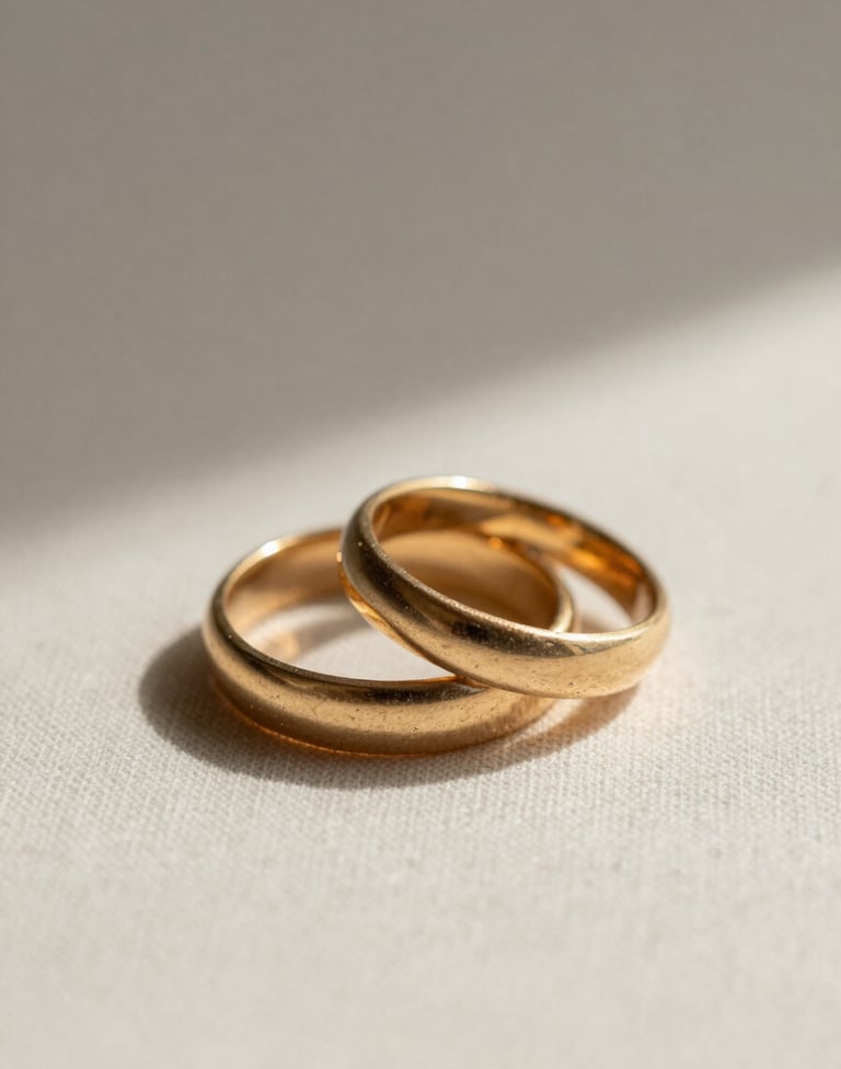 A macro photograph of two gold wedding bands resting on a minimalist off-white linen surface. Soft shadows, shallow depth of field, elegant and luxurious atmosphere with a warm taupe color cast.