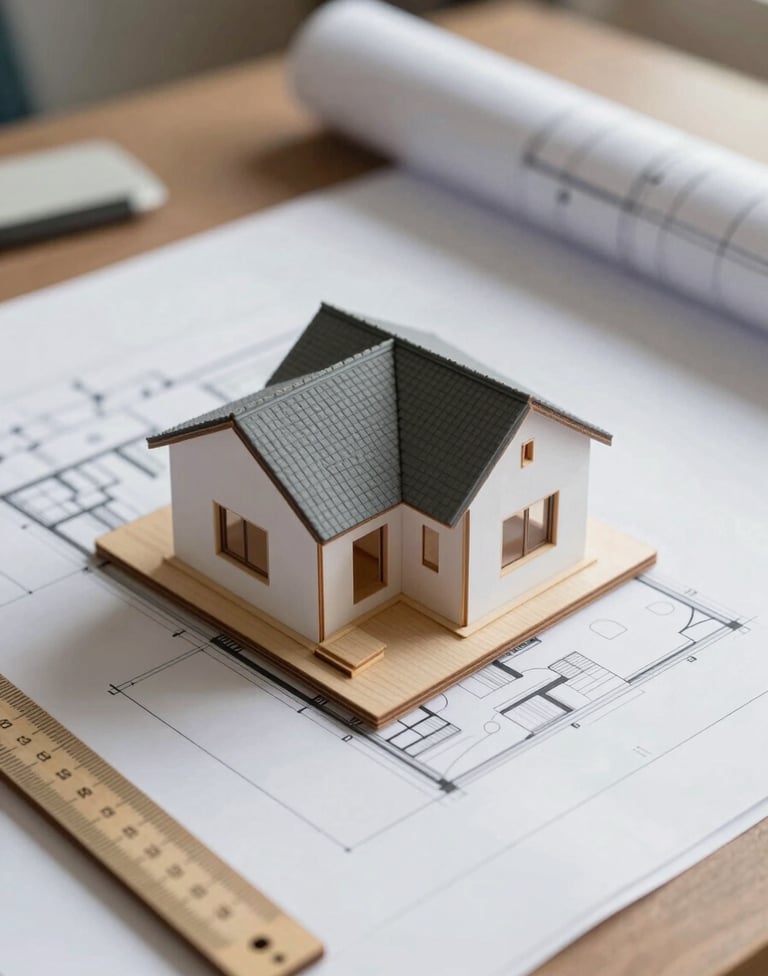 A close-up, detailed shot of architectural plans and a wooden scale model of a house extension resting on a desk. Soft morning light hits the paper. The mood is calm and professional.