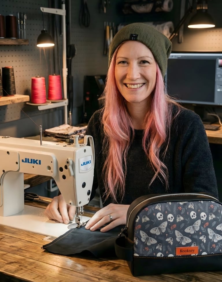 Kooksey Founder Jenni sat at wooden desk in front of a monitor designing fabric