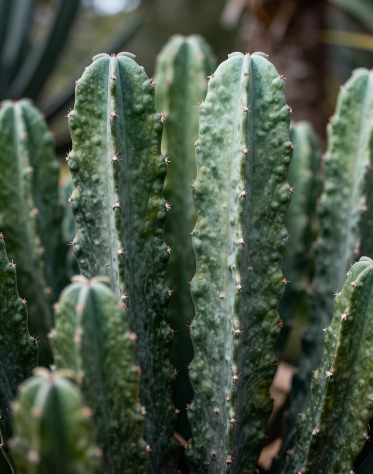 A close-up nature shot of unique South African flora in a botanical garden, with soft bokeh background. Colors include Deep Forest Green leaves and Soft Mint highlights, emphasizing professional artistry.