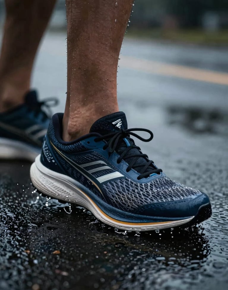 Extreme close-up of high-performance running shoes hitting a wet pavement, capturing the splash of water droplets in sharp focus. Dramatic side lighting, professional sports photography style.