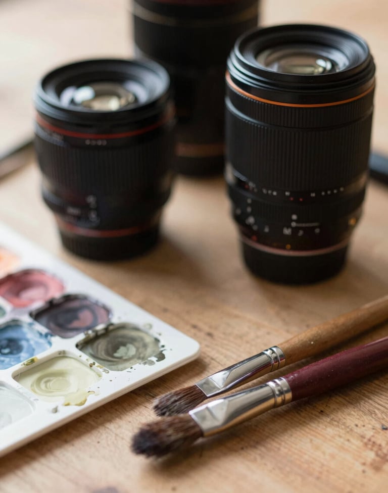 A close-up shot of professional camera lenses and watercolor brushes on a wooden surface, soft atmospheric lighting, highlighting the craftsmanship and tools of the artist, palette includes #6F5E52 and #F5F2EF.