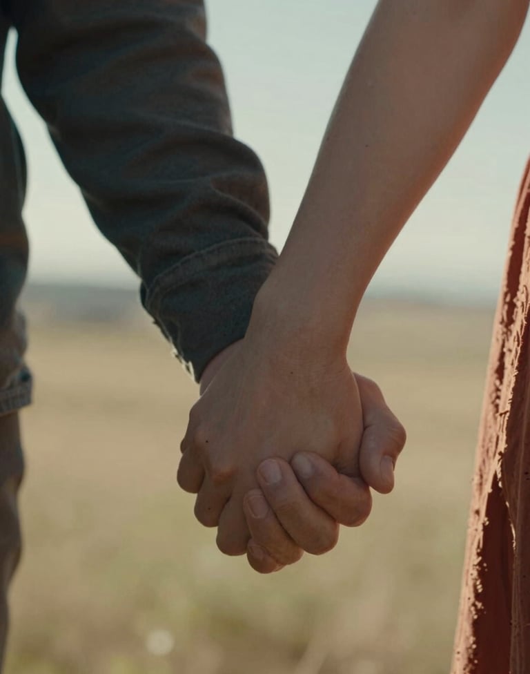A close-up, cinematic photograph of two hands held tightly together against a soft, sun-drenched North American landscape background. Warm, authentic feel focusing on personal connection and textures of charcoal and terracotta fabrics.