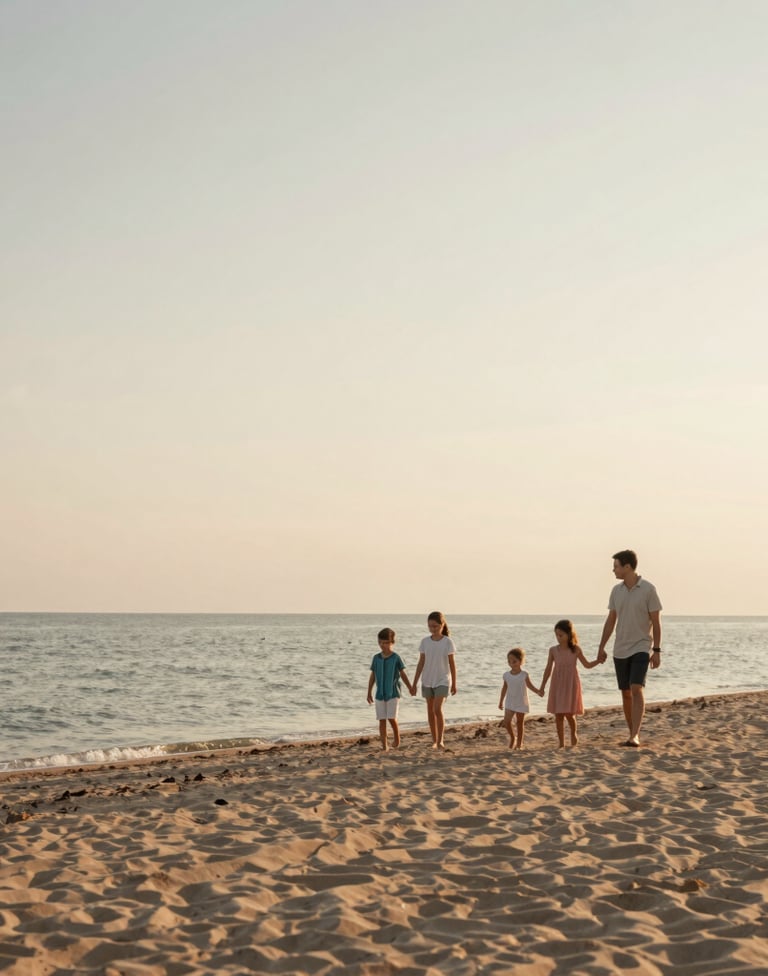 A wide-angle photography shot of a family walking hand-in-hand along the sandy shore of Lake Michigan. The sky is a soft blend of Cream and Soft Brown. The overall mood is sophisticated, light, and airy, reflecting a warm summer evening.