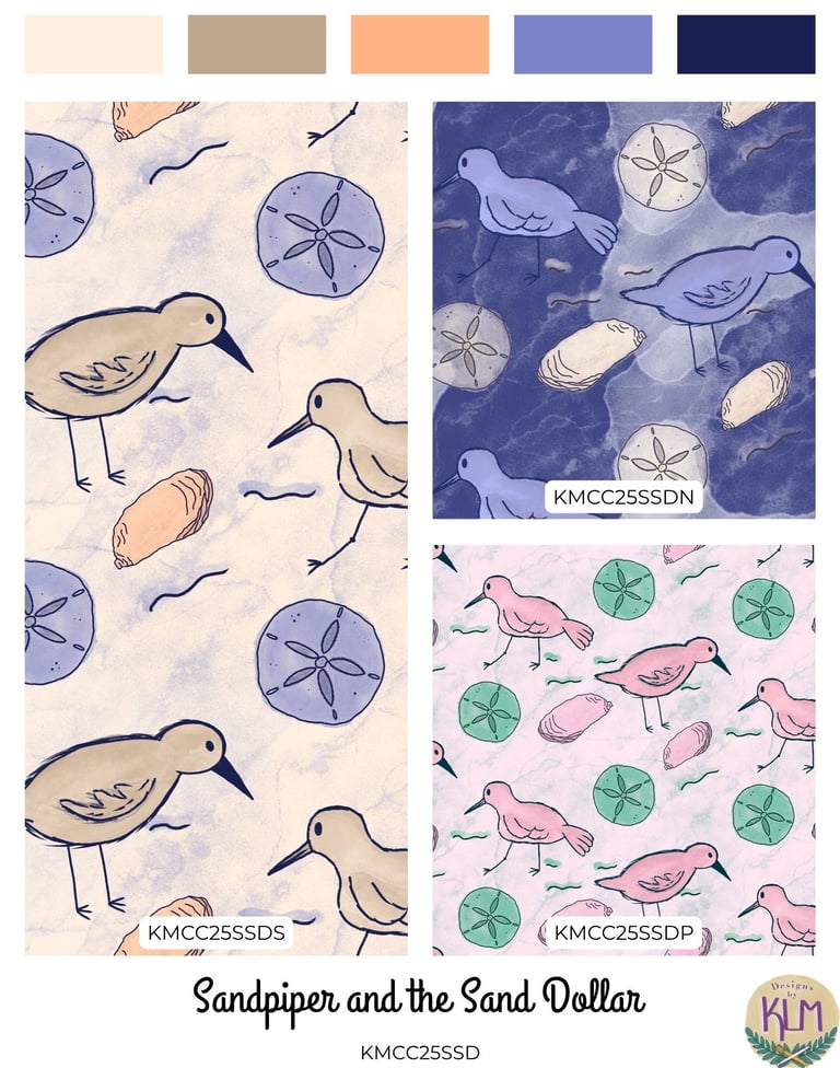 a collection of birds and shells in various colors of blue, pink, and orange