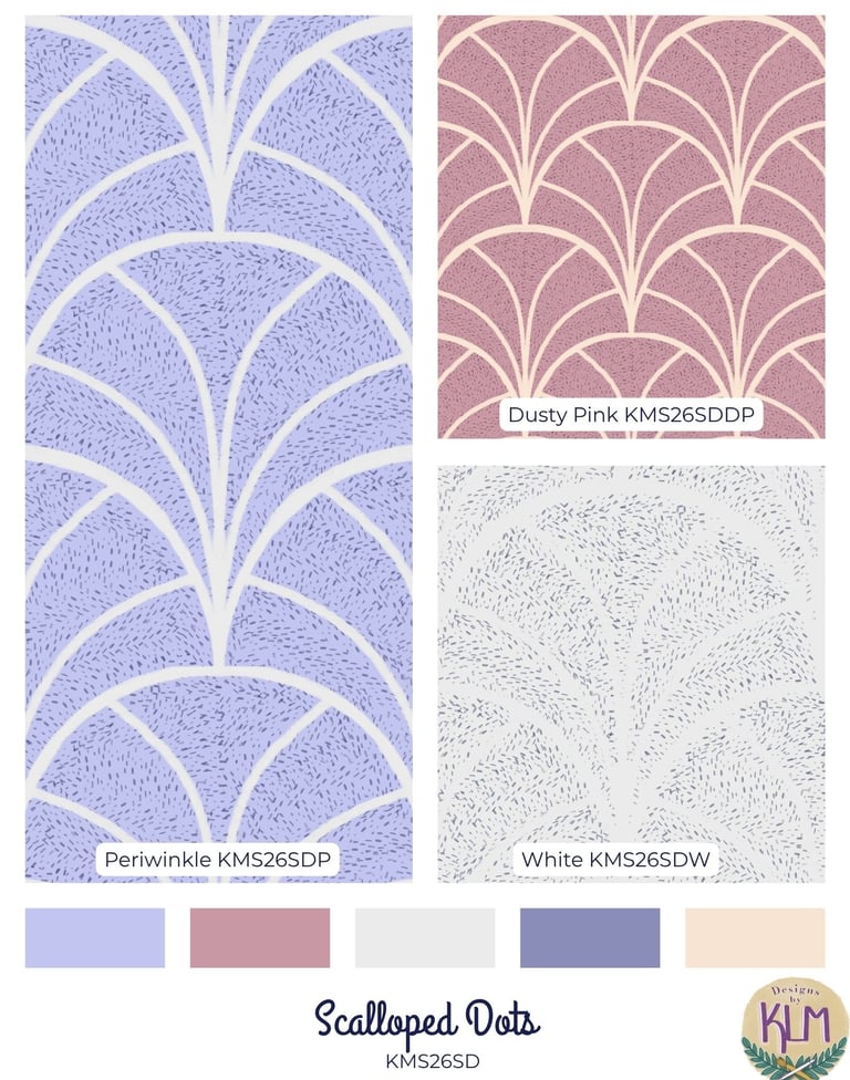 The simplistic Scalloped Dots pattern features a scalloped outline with a variety of textured dots.