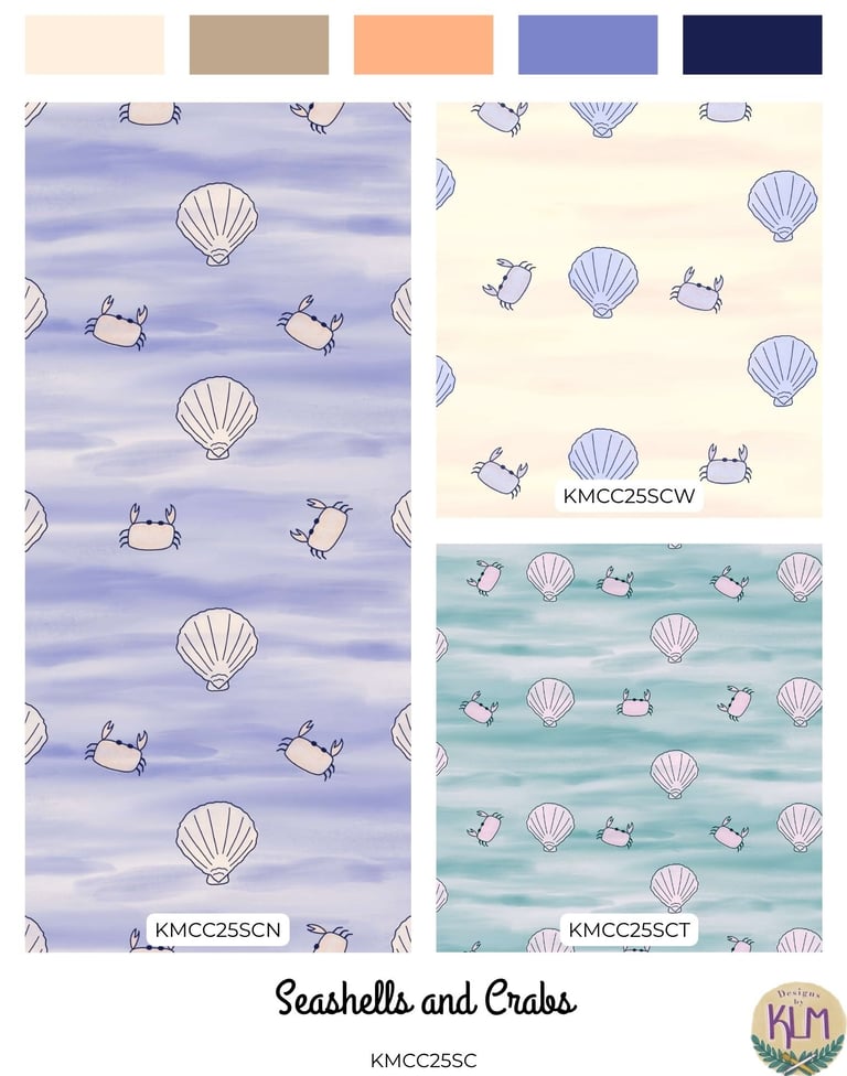 a collection of crabs and seashells in a nautical color palette
