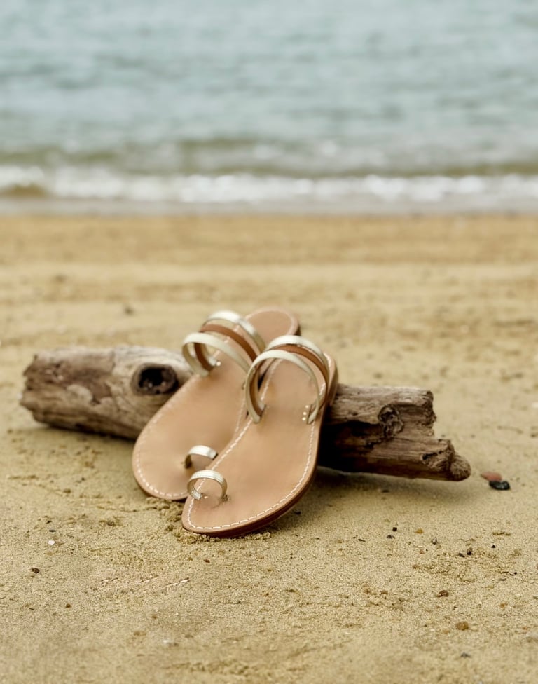 Custom leather sandals in tan and platina Italian leather handcrafted by Swaachi