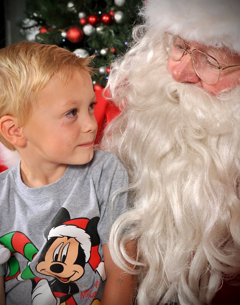 Peter Pickering's endearing photo of boy in a Mickey Mouse tee shirt gazing enquiringly at Santa