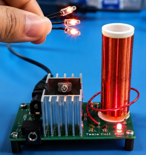 Bobina de Tesla que enciende luces mediante energía electromagnética.
