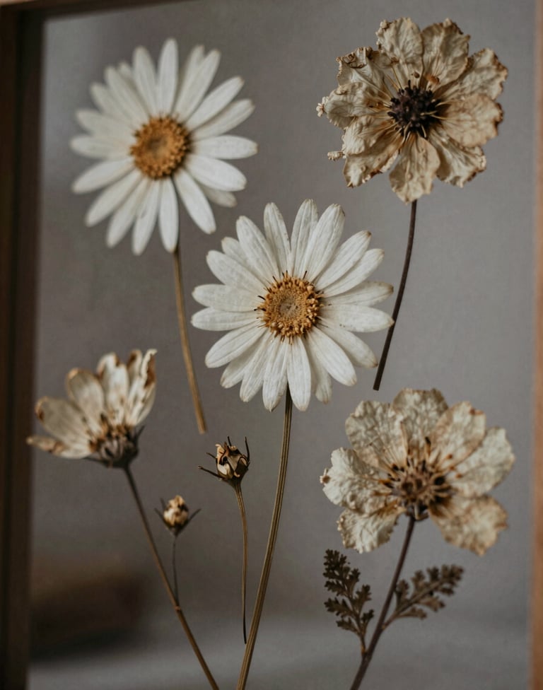 A blurry, artistic shot of dried flowers pressed against a glass pane. Low contrast, muted tones, indie zine aesthetic. Colors: #8C735F, #F8F3EC.