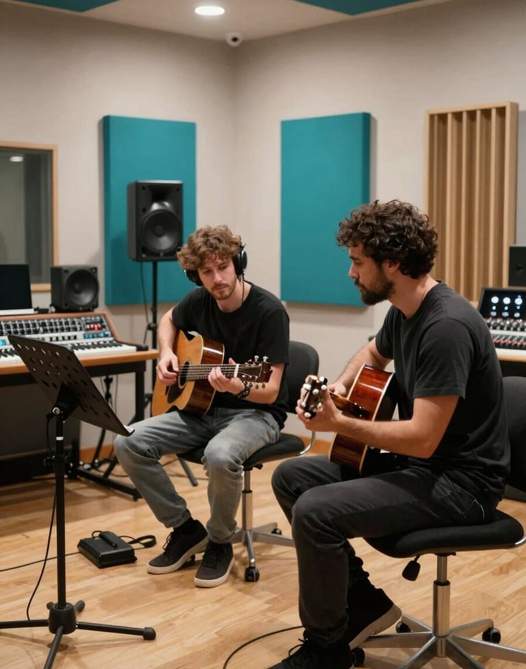 Two musicians collaborating in a modern International / English-speaking recording studio. The room features soft off-white walls, professional sound equipment, and accent lighting in bright turquoise teal. The style is creative and focused.
