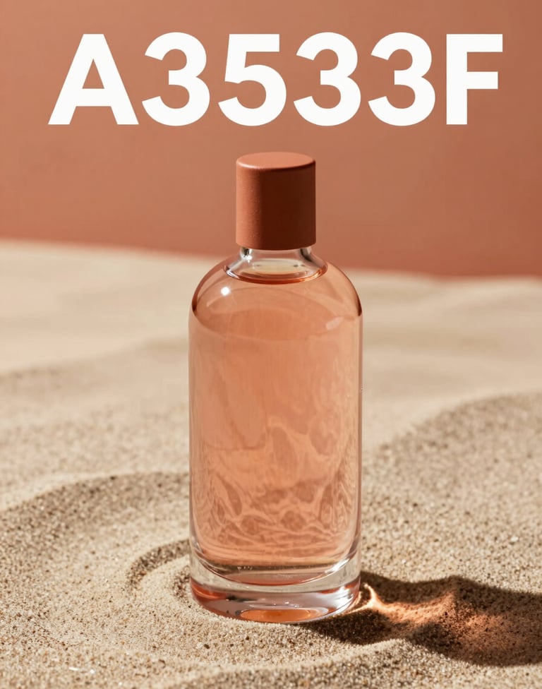 Close-up of a high-end glass bottle on a textured sand surface. Hard, direct lighting creates sharp, defined shadows. The color palette incorporates terracotta (#A3533F) accents in the background. Modern advertising style with a bold, results-oriented look.
