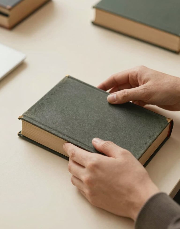 Top-down view of a librarian's hands carefully cataloging a rare book. The workspace is clean and sophisticated, with cream-colored surfaces #F8F6F4 and soft gold #D4B281 lighting that creates a warm, scholarly atmosphere.