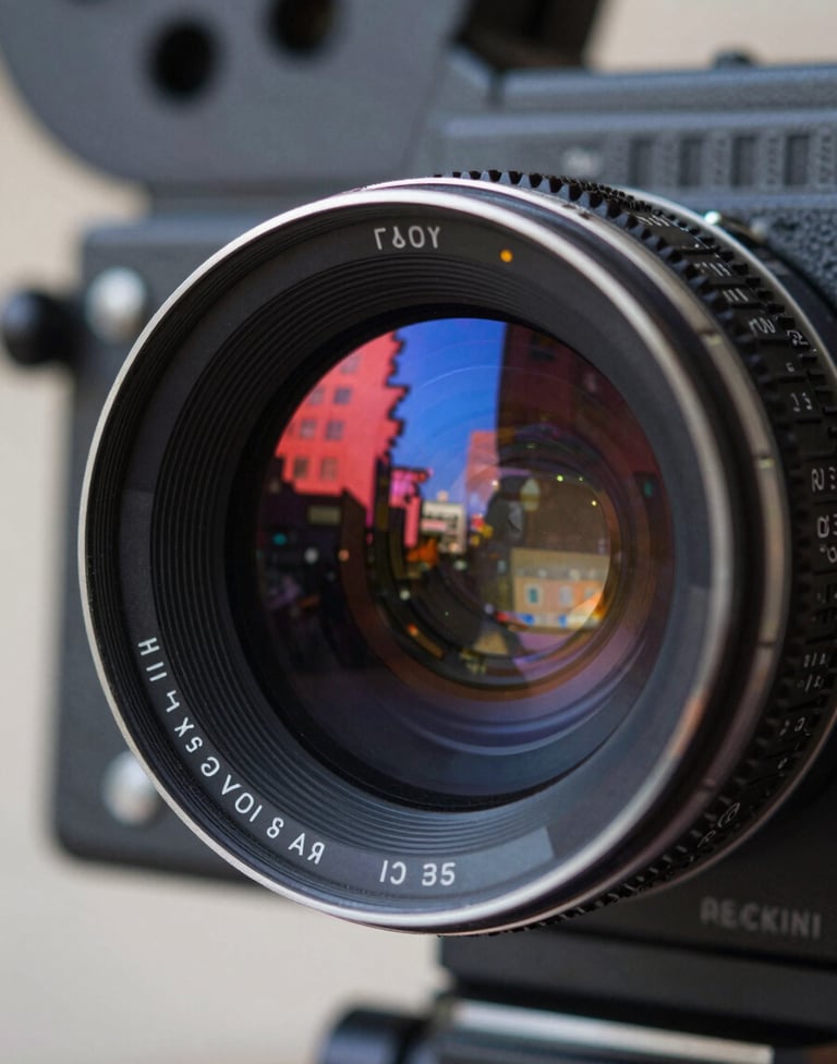 Extreme close-up of a movie camera lens from the 1960s, reflecting a red and blue city scene, graphic flat design, thick black borders like a comic panel.