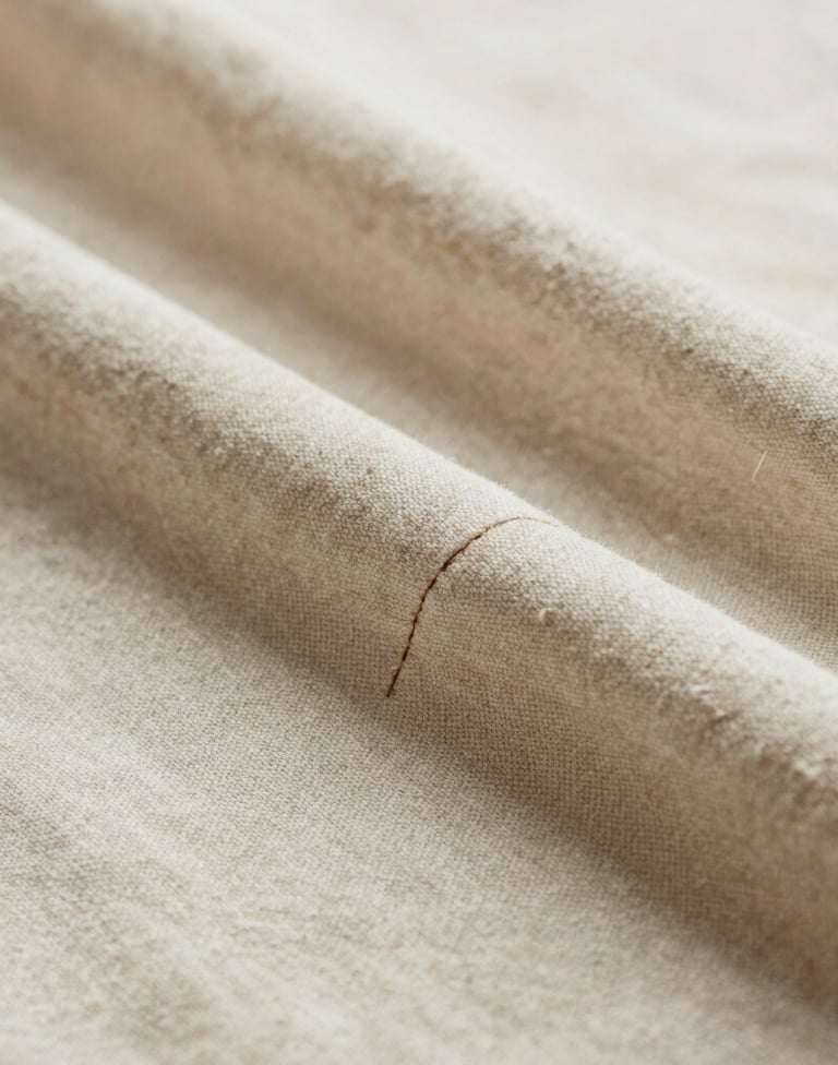 An intimate, close-up photograph of delicate hand-stitched detailing on luxury organic cotton fabric. The colors are muted warm beige and soft cream. The composition is extremely clean, minimalist, and focused on pure craft and material excellence, shot under natural daylight.