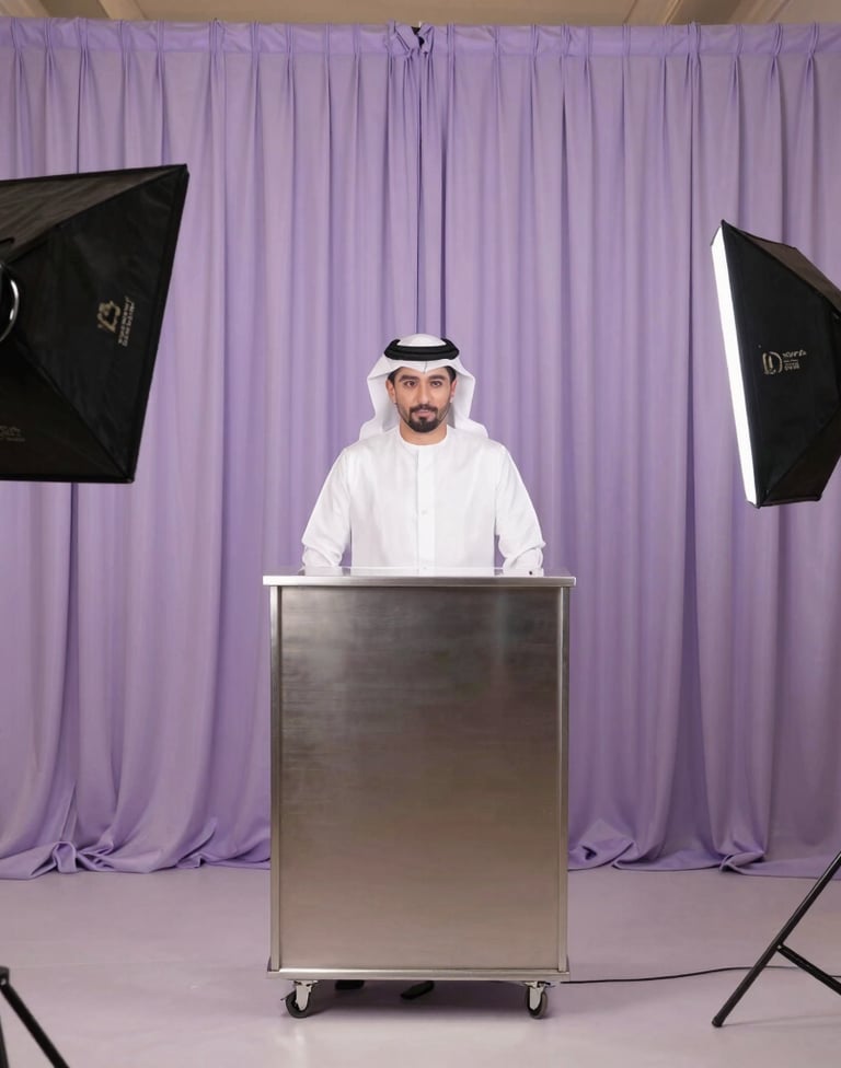 A high-end, elegant photo booth setup at a luxury event in the Gulf region, featuring a stylish backdrop with soft lavender drapes and professional lighting equipment.