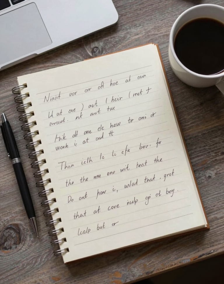 A top-down shot of a wooden desk with handwritten song lyrics on a notepad. A pen and a cup of coffee are nearby. The setting is a North American / US home studio. Colors feature warm grey and pale cream with sharp focus on the script.