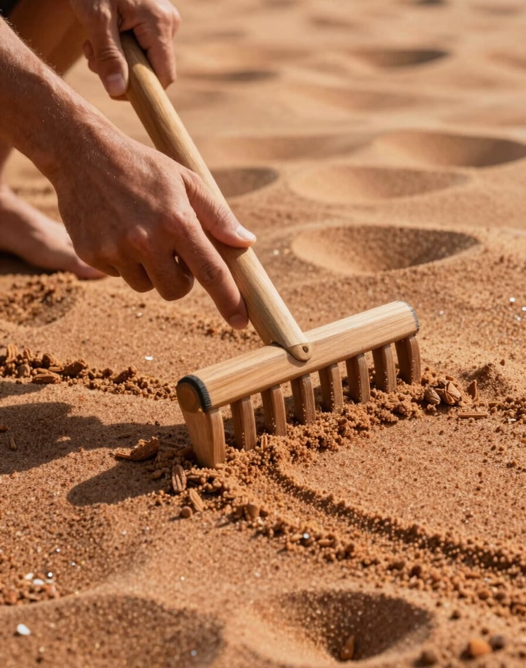 Close-up candid shot of hands using a wooden rake to create textures in soft sand. The lighting is golden and cinematic, highlighting the ridges of the terracotta-hued sand grains.