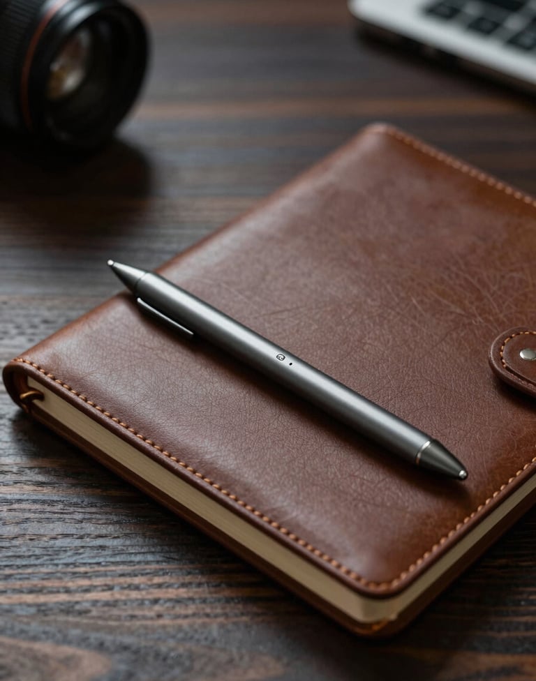 A professional tabletop photograph of a leather-bound notebook and a sleek digital stylus resting on a dark wood surface. The lighting is cinematic and moody, with deep shadows and soft ivory highlights, set in a North American design studio.