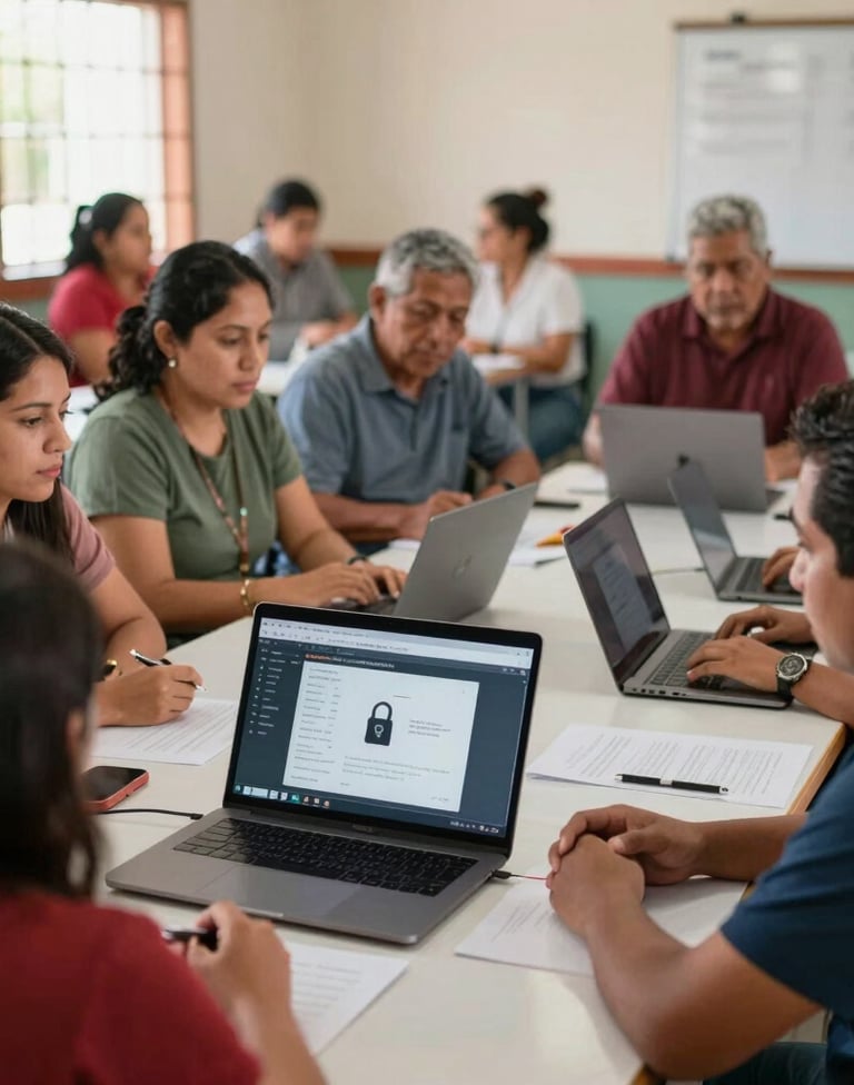 An interactive digital safety workshop in a Mexican / Latin American community center, where diverse participants of various ages are learning cyber security tips. A modern laptop is on the table, warm natural light, authoritative and protective atmosphere.