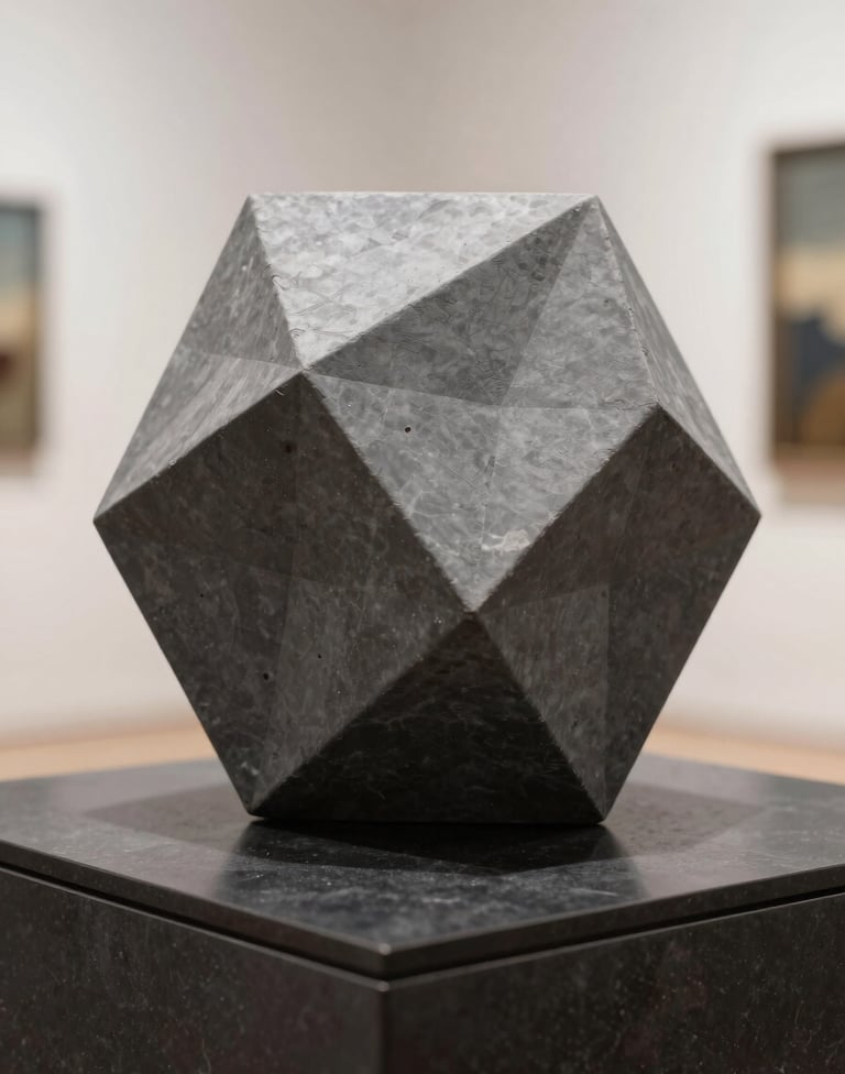 A close-up shot of a 3D printed geometric sculpture resting on a polished dark charcoal pedestal in a North American / US design gallery. Studio lighting highlights the intricate details and smooth slate gray textures.