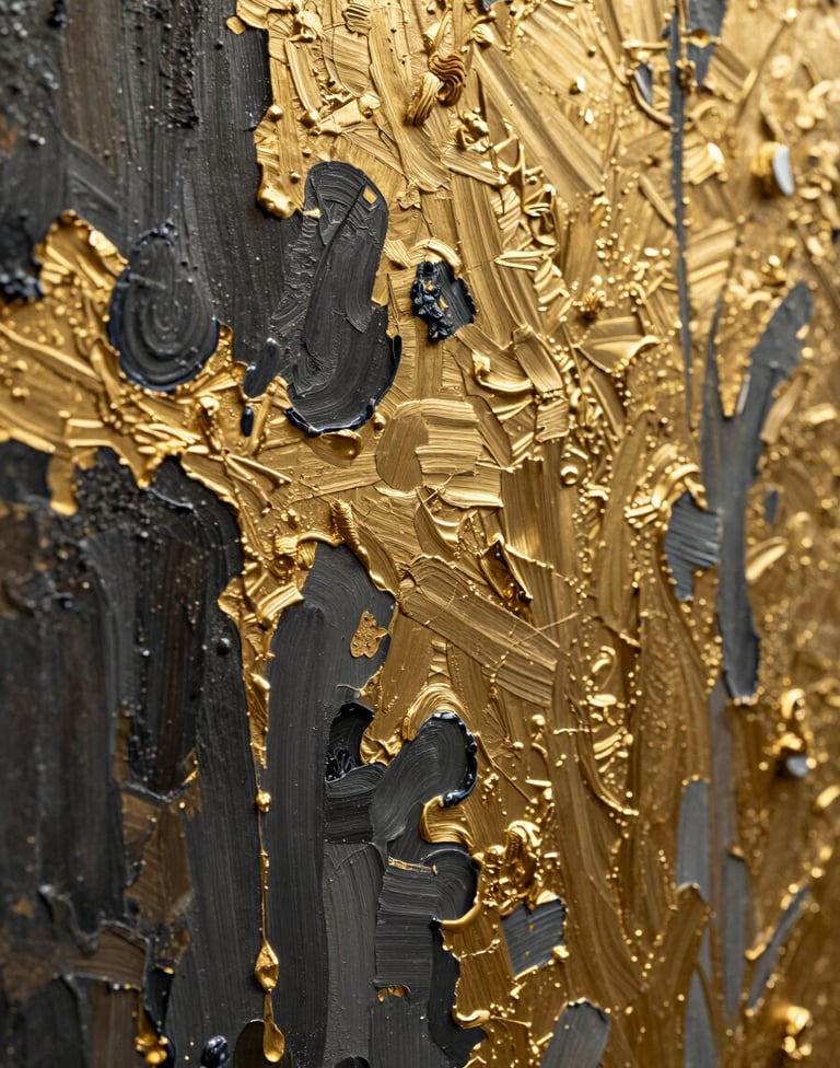 A macro photograph focusing on the intricate gold leaf and oil paint textures of a contemporary artwork. The colors include muted antique gold and dark charcoal, captured in an International / Global Art Scene professional studio setting.