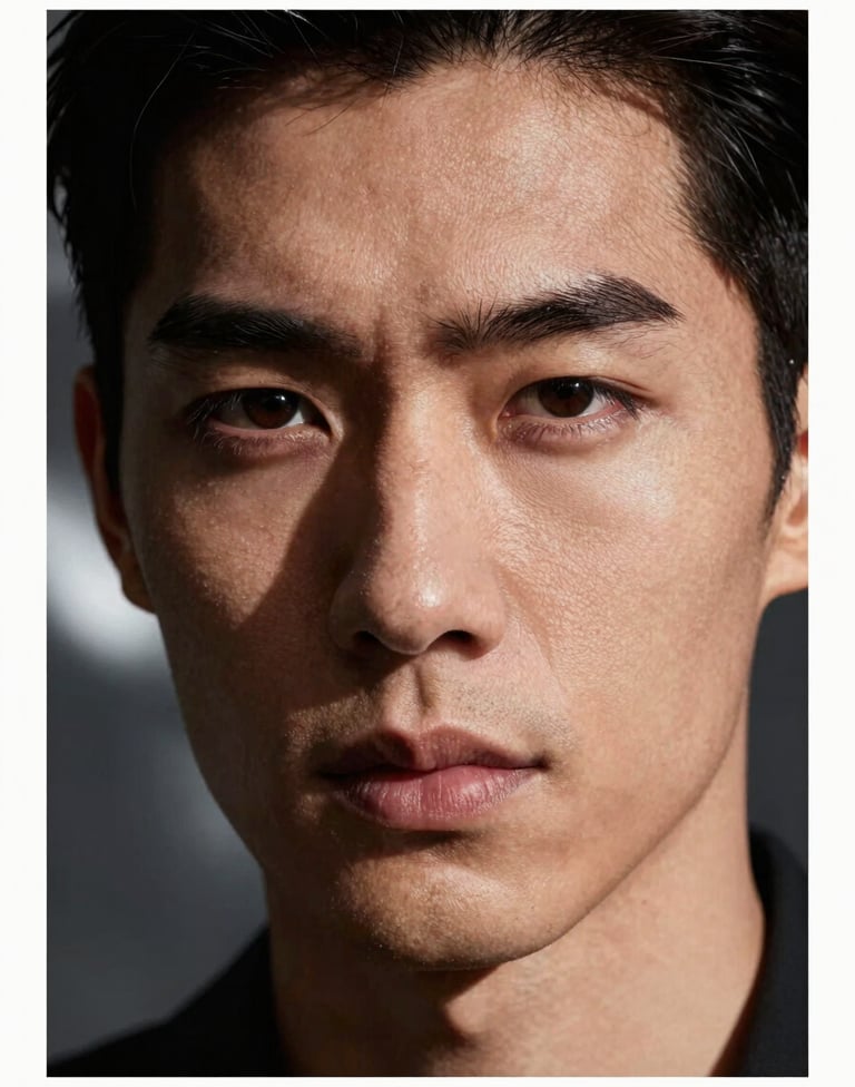 An extreme close-up portrait of a male model, high-impact lighting highlighting skin texture and sharp facial features. Background is a blur of deep charcoal and metallic silver tones.