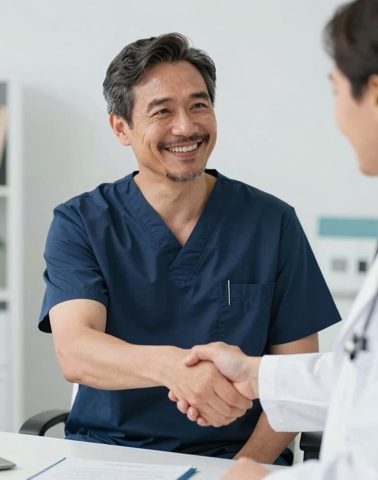 A welcoming medical professional smiling while holding a smartphone displaying a health app interface.