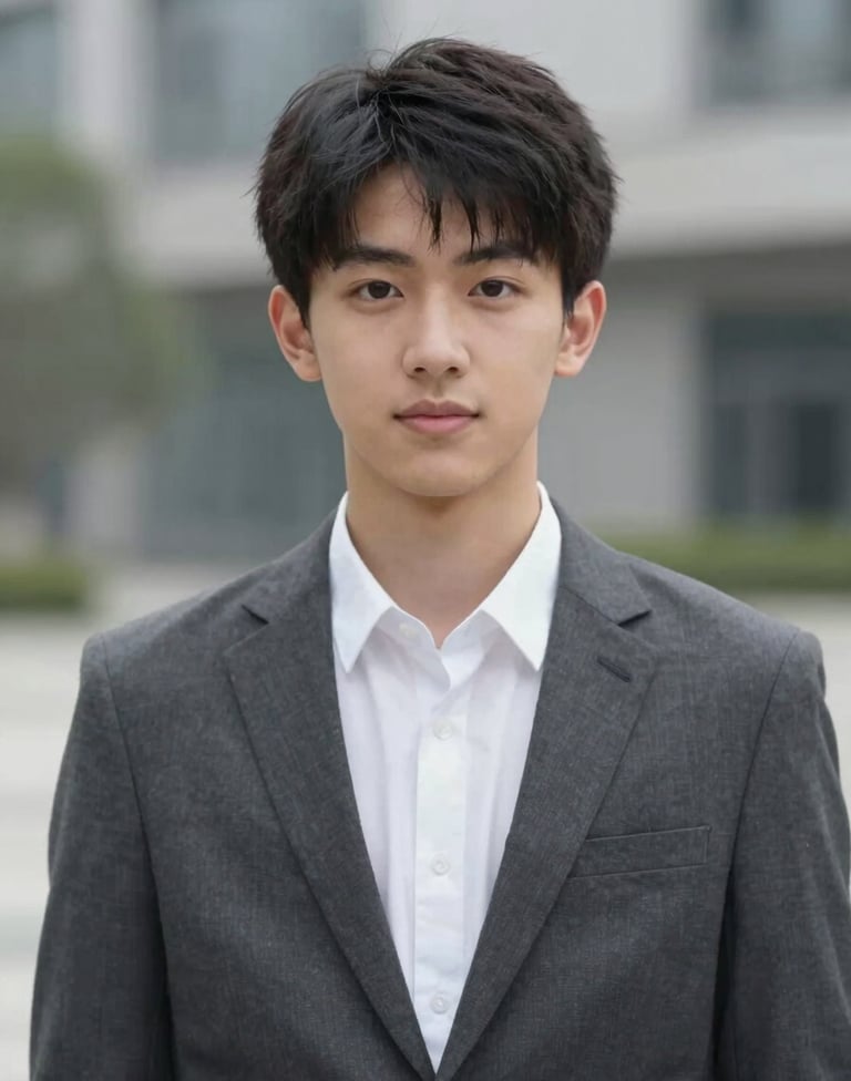 A professional portrait of a high school senior against a soft-focus urban background. The composition is clean and contemporary, using a color palette of #6E6D74 and #F7F5F0 for a sophisticated look.