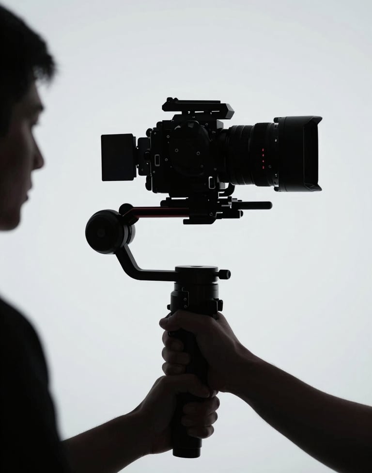 A professional videographer's silhouette against a clean, light gray background (#F2F5F7), holding a gimbal stabilizer, sleek and contemporary audiovisual production vibe.