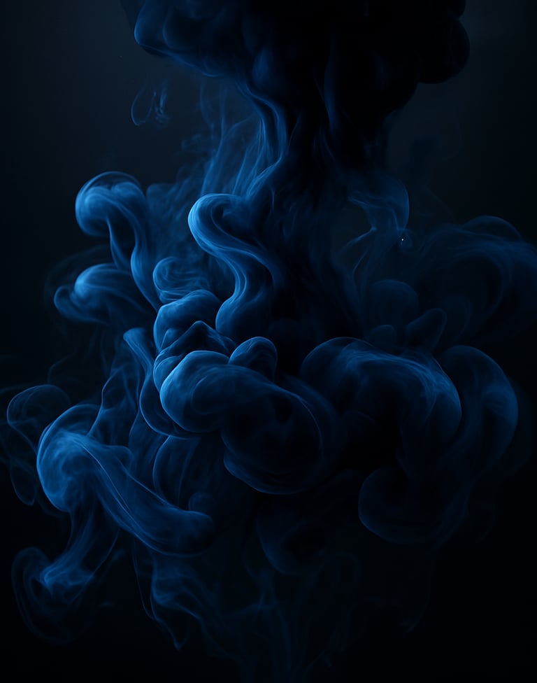 An artistic macro photograph of deep blue ink droplets merging in clear water, creating sophisticated swirls and patterns. The lighting is dramatic, highlighting the contrast between dark navy and steel blue tones. Professional studio photography.