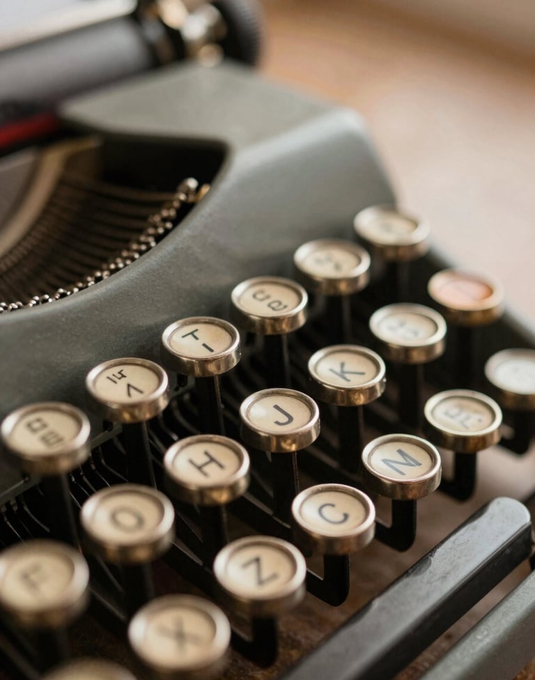 A close-up photograph of a vintage typewriter's metal keys. The focus is sharp on the letters, with a soft blur in the background. The lighting suggests late afternoon in a study, using muted espresso and antique gold tones.