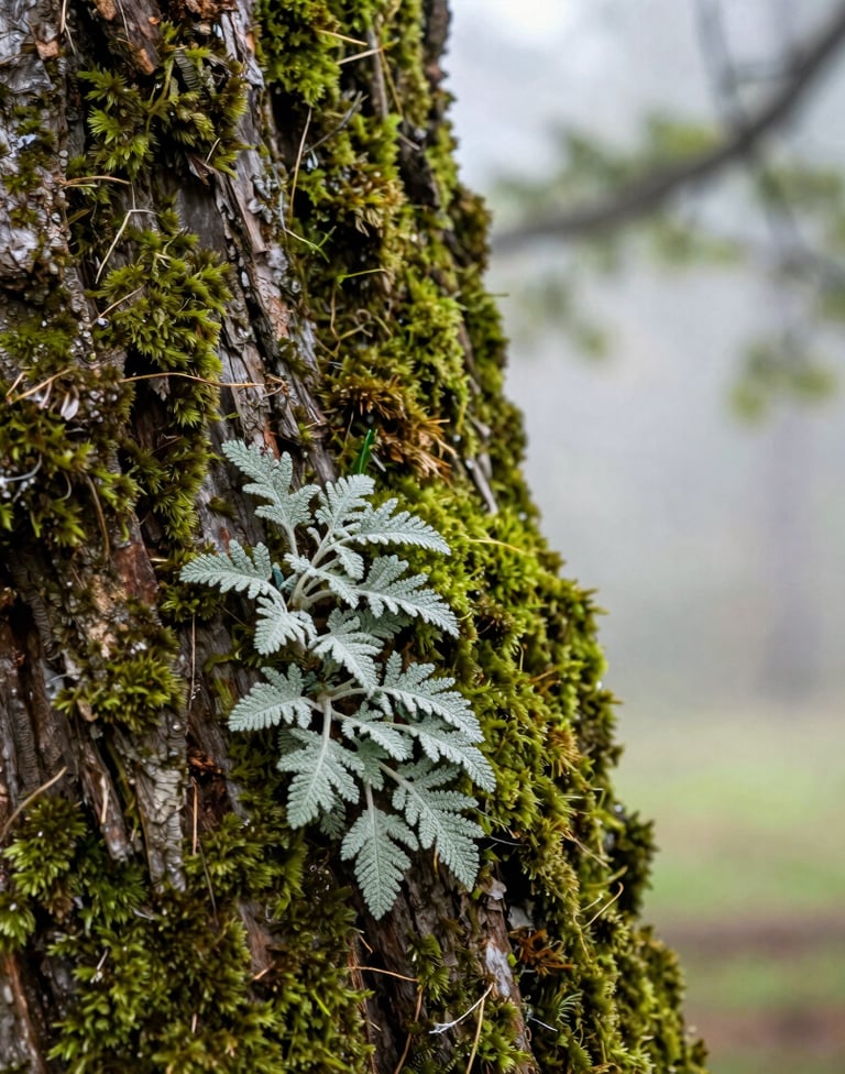 A detailed macro photograph of moss-covered bark on an ancient oak tree in a North American forest. The textures are sharp, showing delicate sage and forest green vegetation. Shallow depth of field with a blurred background of off-white morning mist.