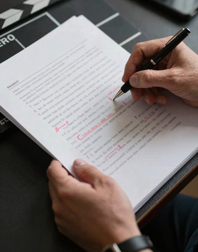 Close-up of a film director's hands in a North American / US production studio, carefully reviewing a thick script with red ink annotations. Dark charcoal and rich black tones dominate the frame.