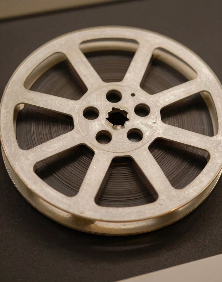 Close-up of a vintage 35mm film reel resting on a dark surface, light catching the metallic edges in muted gold tones, soft off-white ambient glow, evocative of a museum archive in Angola.