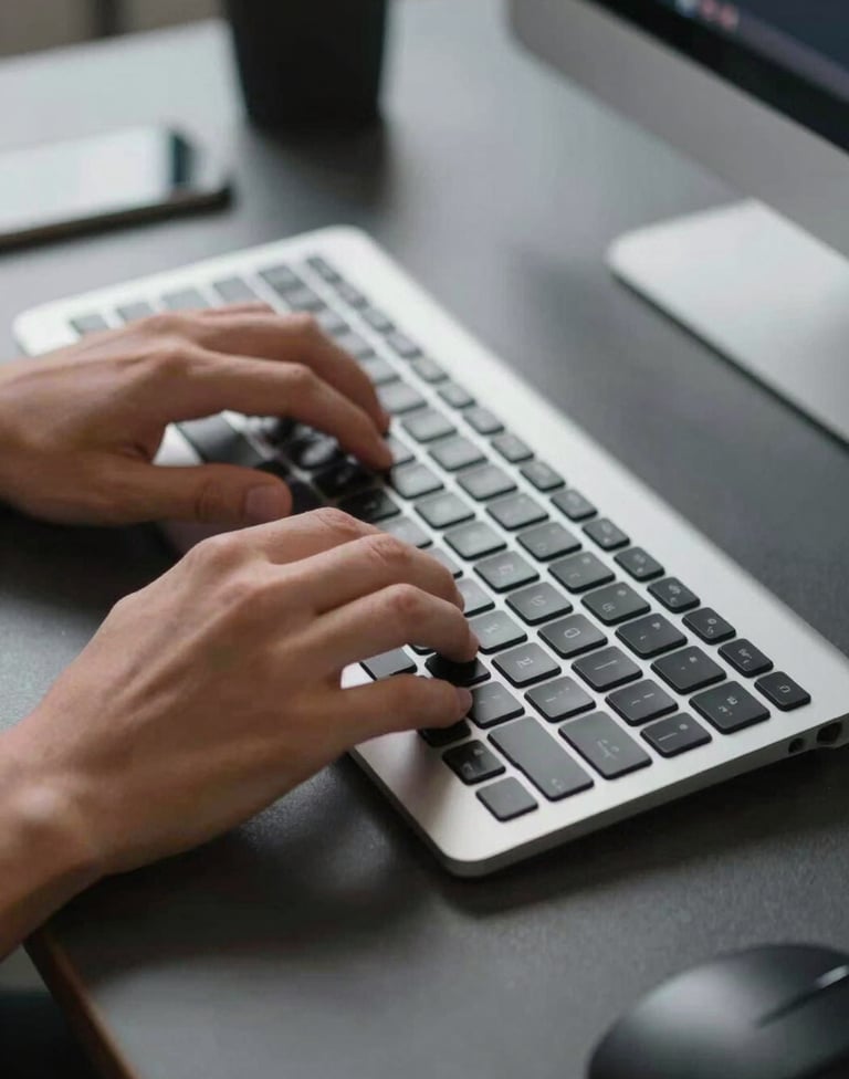 A close-up of a designer's hands working on a modern keyboard at a dark slate gray desk in a North American / US studio, professional atmosphere with soft silver lighting accents.