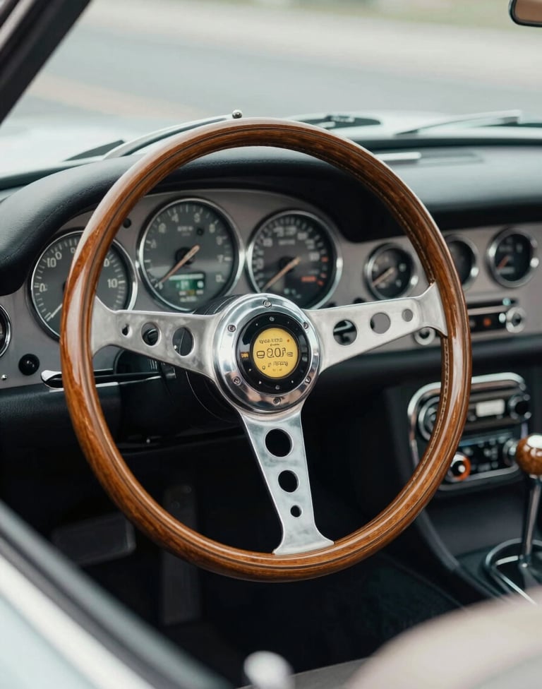 An interior shot of a classic sports car dashboard featuring a polished wooden steering wheel and chrome dials. Meticulous visual storytelling. Incorporates #B2BEB5 and #1C2833 tones.