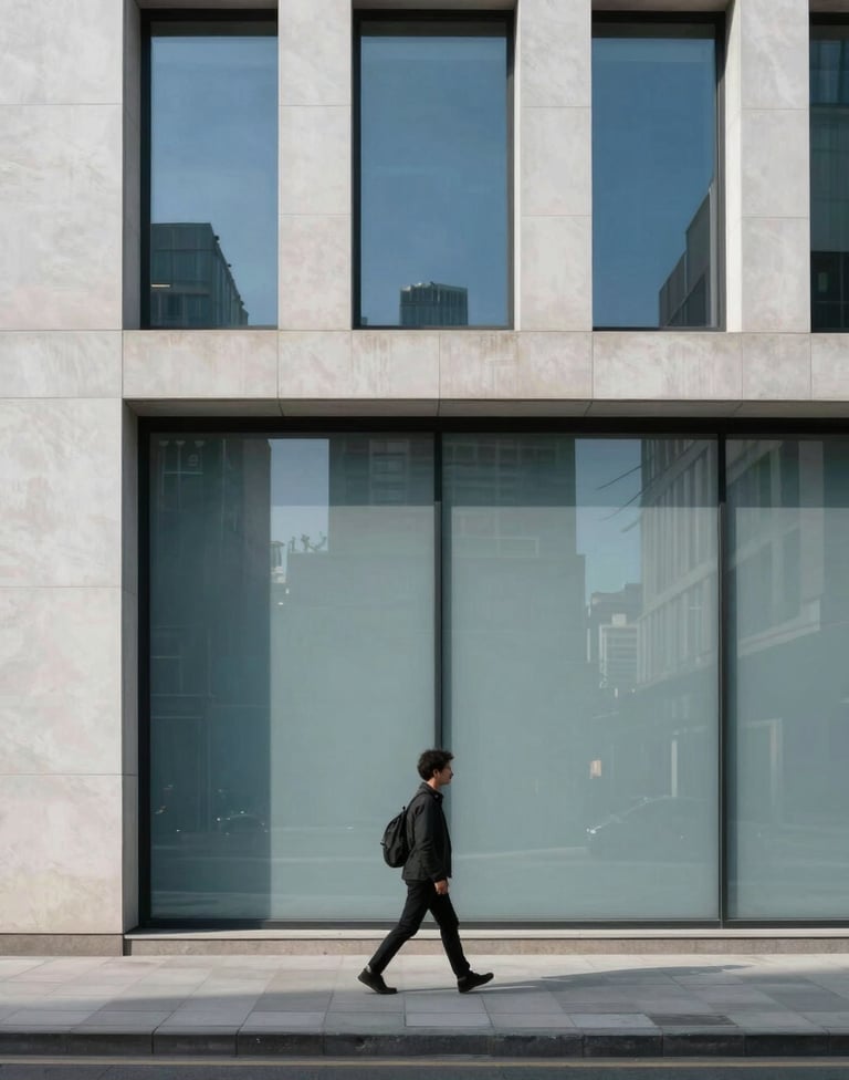 Minimalist street life scene in a modern Western city, featuring clean geometric architecture, a single figure walking past a glass wall reflecting a muted blue sky, elegant and modern composition.