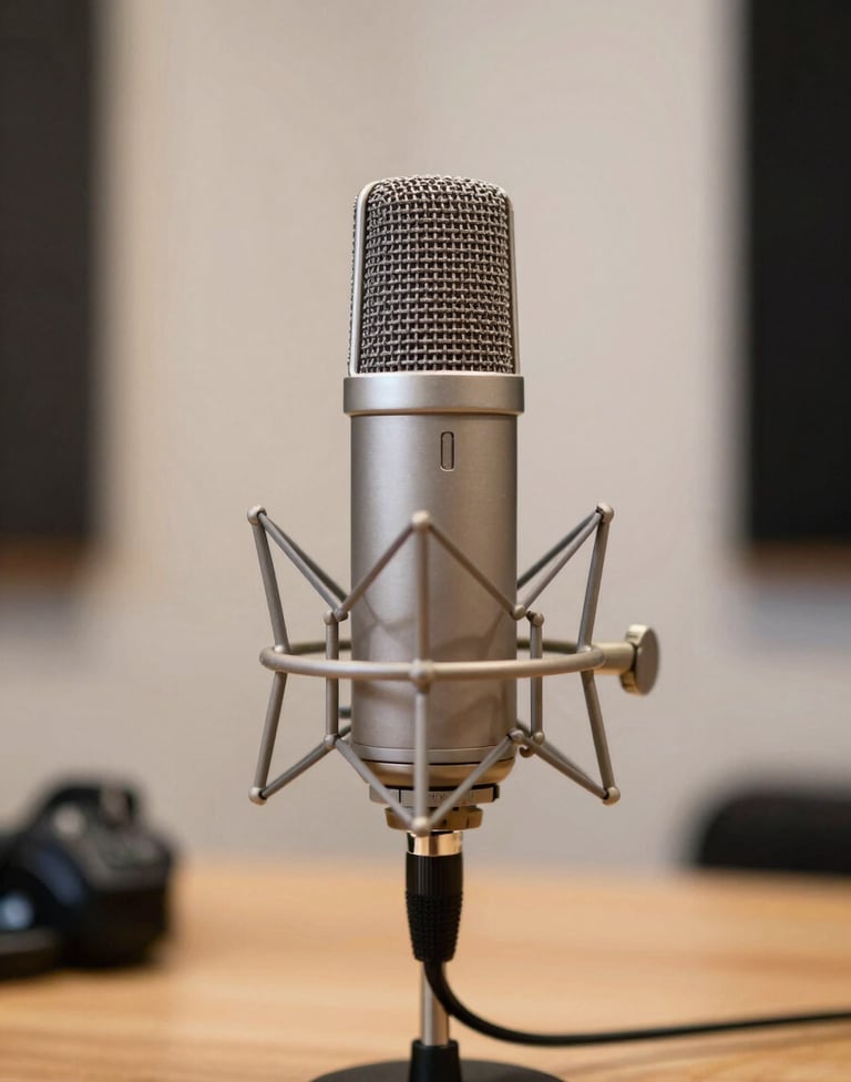 A close-up photograph of a high-end podcasting condenser microphone in a curated North American home studio. The background features warm off-white walls and a soft-focus wooden desk.