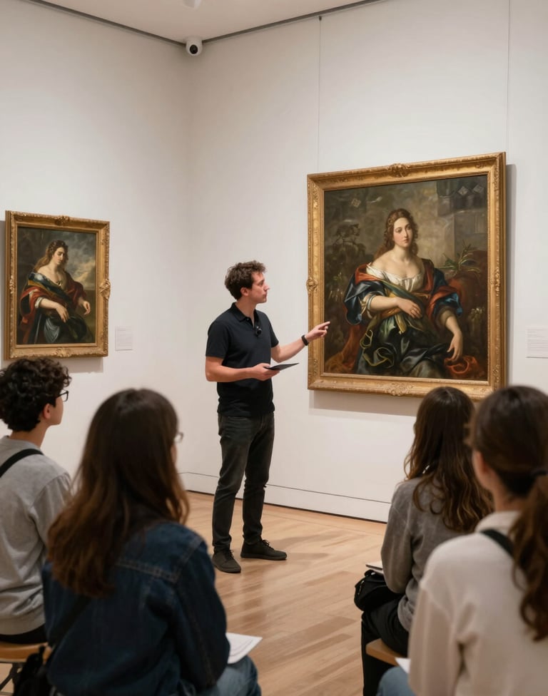 A professional art teacher explaining a classical oil painting to a group of attentive students in a modern North American museum gallery. The composition is clean and elegant.