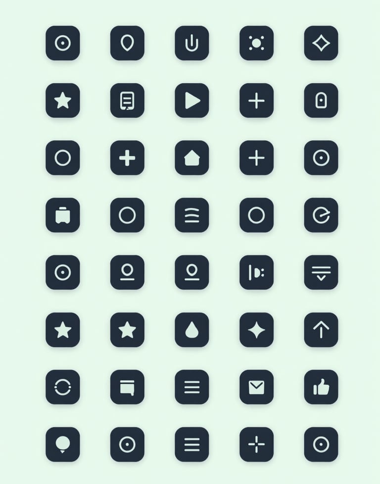 A detailed, minimalist shot of custom UI icons and typography style guide. The presentation is orderly and professional, using brand colors #1C2826 for the icons against a soft #A7C5C3 backdrop. Studio lighting creates a polished, high-end feel.