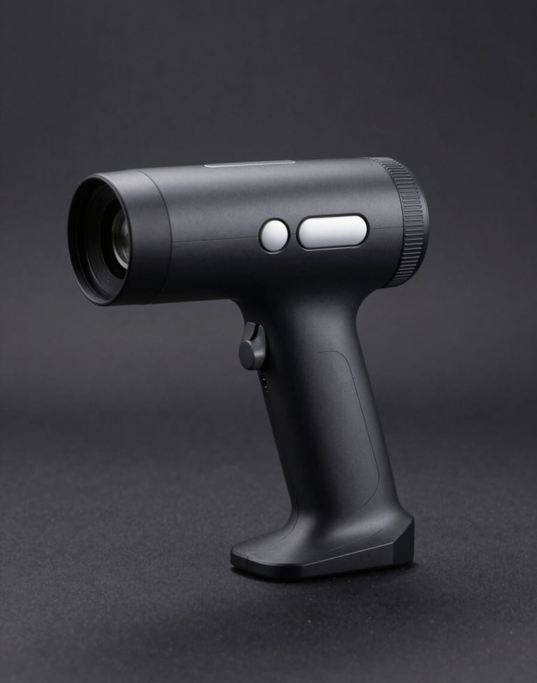 Studio photography of a futuristic handheld scanning device on a minimalist dark surface. The design is sleek with a matte charcoal black finish and subtle soft silver buttons, captured with sharp focus and clean lines in a North American / US studio.