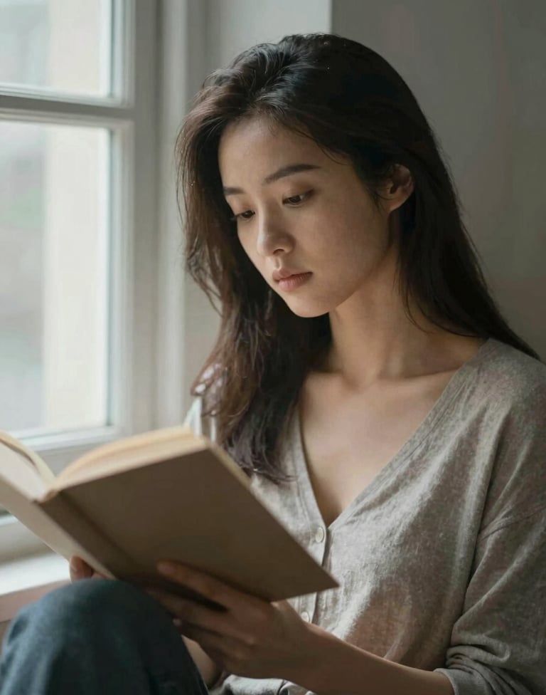 An intimate lifestyle portrait of a person reading by a window. The light is soft and diffused, highlighting natural skin textures against #8F8C8A shadows. Sophisticated and personal vibe.