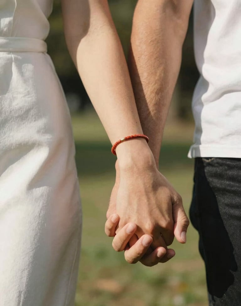 A detailed close-up shot of two people holding hands during a walk in a North American / US park. The lighting is sun-drenched and warm, highlighting terracotta jewelry and soft white fabric textures. Shallow depth of field.