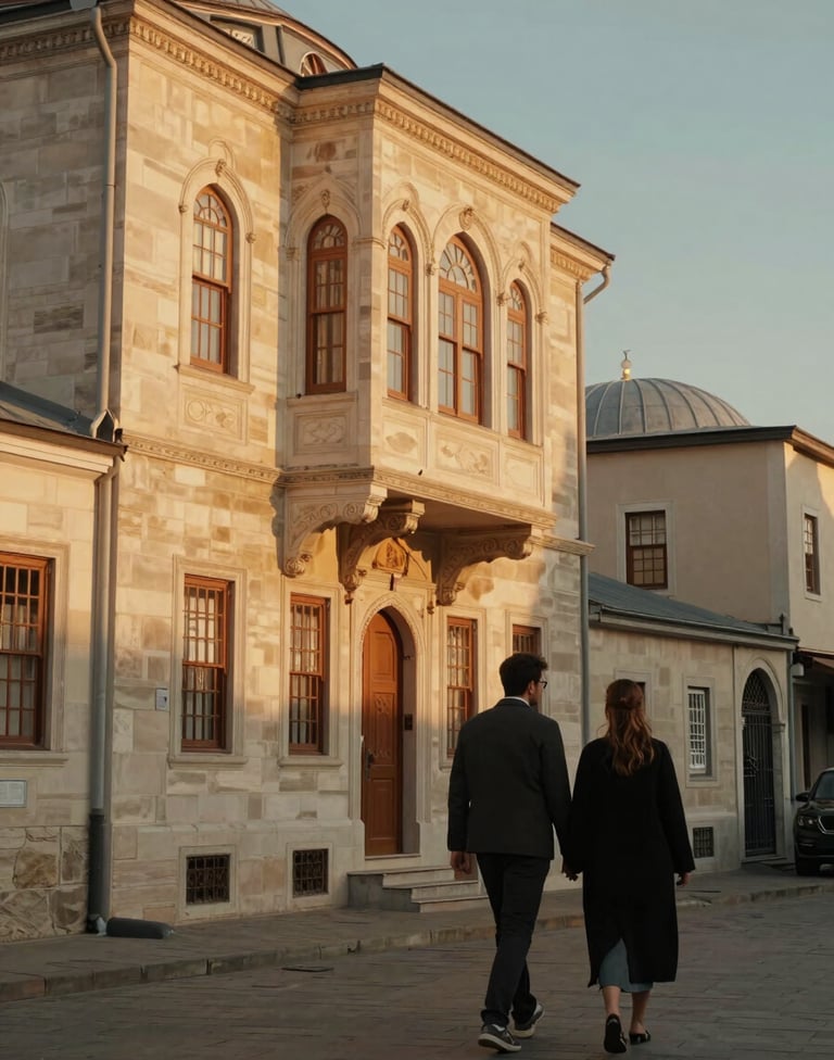 A cinematic photography shot of a couple walking through a historic street in Istanbul. Warm sunset lighting reflecting off architectural details in luxury gold tones. Minimalist and romantic mood.