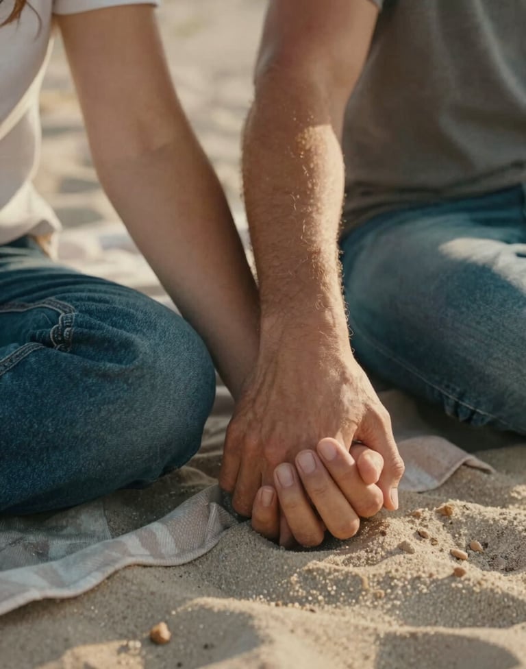 Close-up of parents' hands entwined while sitting on a soft sand colored blanket. Warm, late afternoon light. North American US style casual attire. Intimate and authentic atmosphere.
