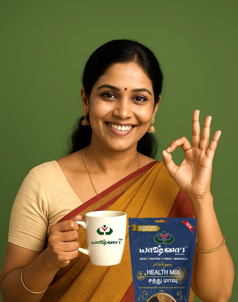 a south indian woman expressing the better taste of yashnas health mix