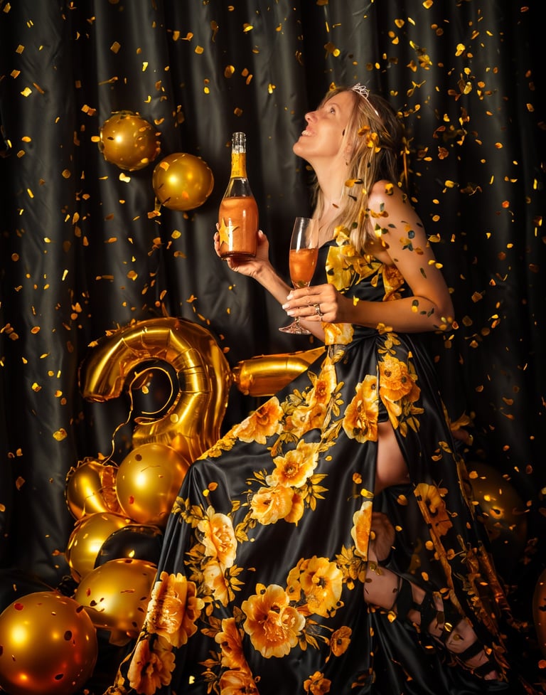 a woman in a dress with a champagne glass