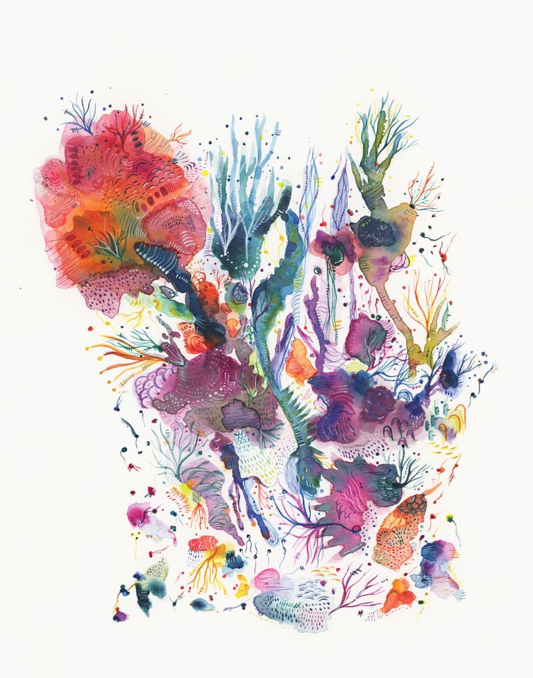 Aquarelle contemporaine végétation aquatique colorée